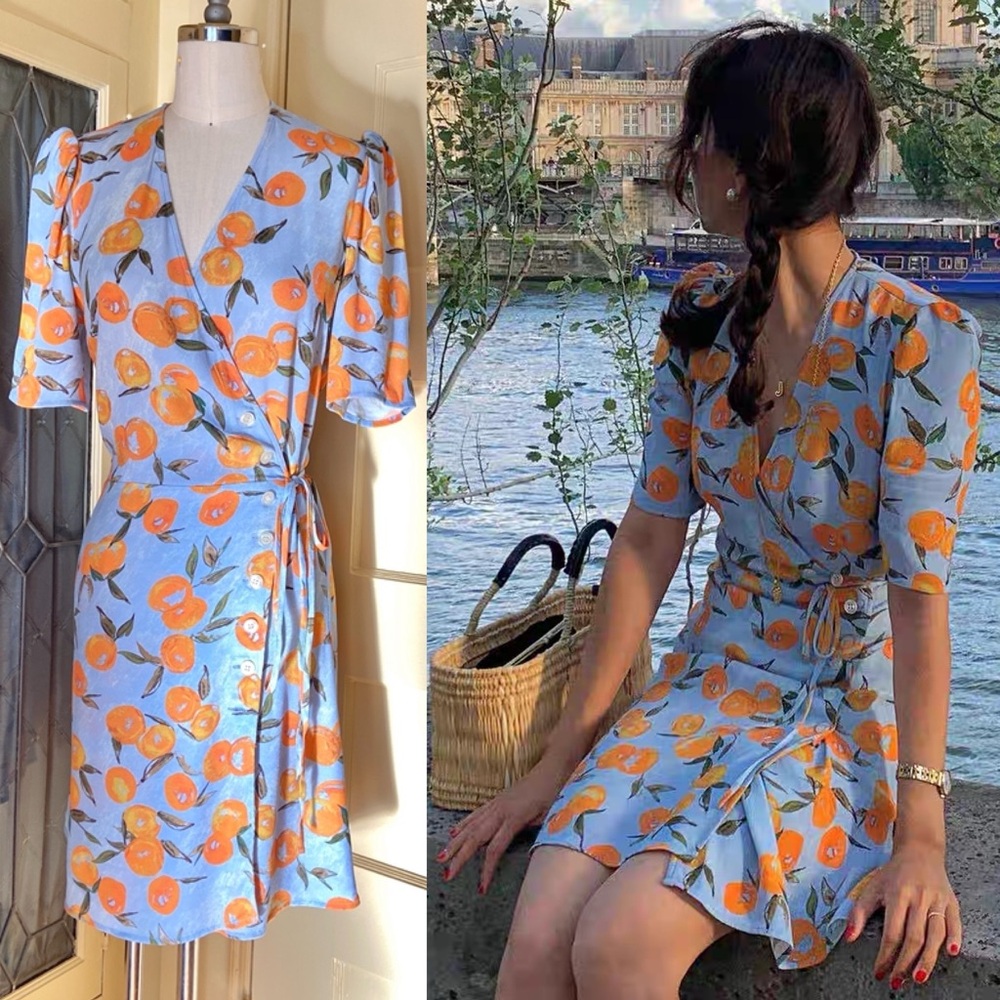 $230 Rouje Gabinette Wrap Button Dress in Clementine